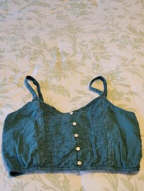 American Eagle Outfitters Teal Lace-Trim Button-Front Cropped Cami